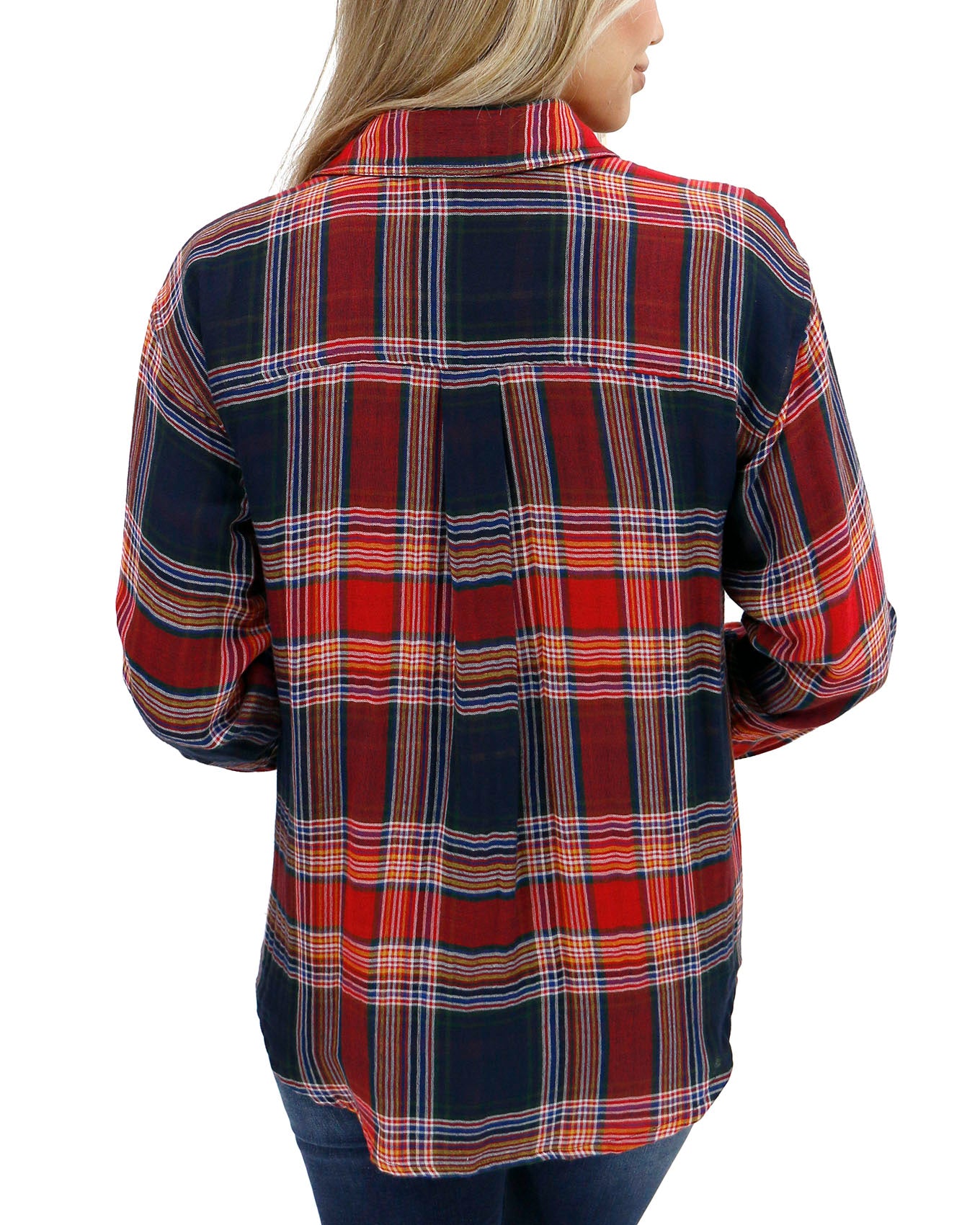 back view stock shot of reversible plaid shirt