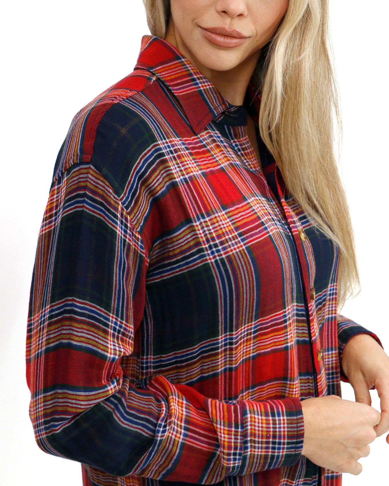 detail view of reversible plaid shirt