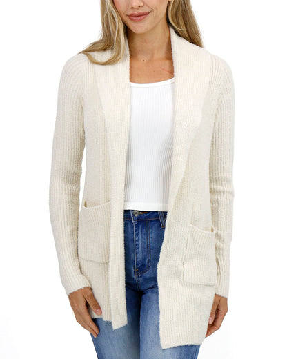 front view stock shot of french white bambu cowl neck cardigan