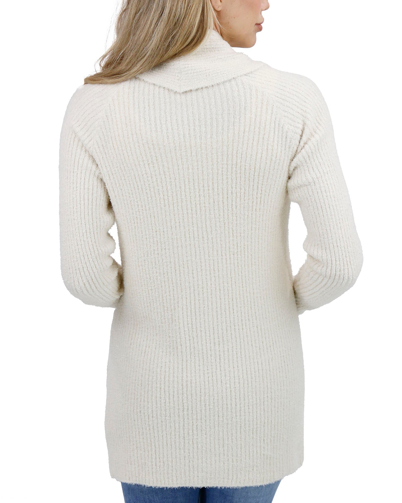 back view stock shot of french white bambu cowl neck cardigan