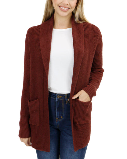 front view stock shot of cherry walnut bambu cowl neck cardigan