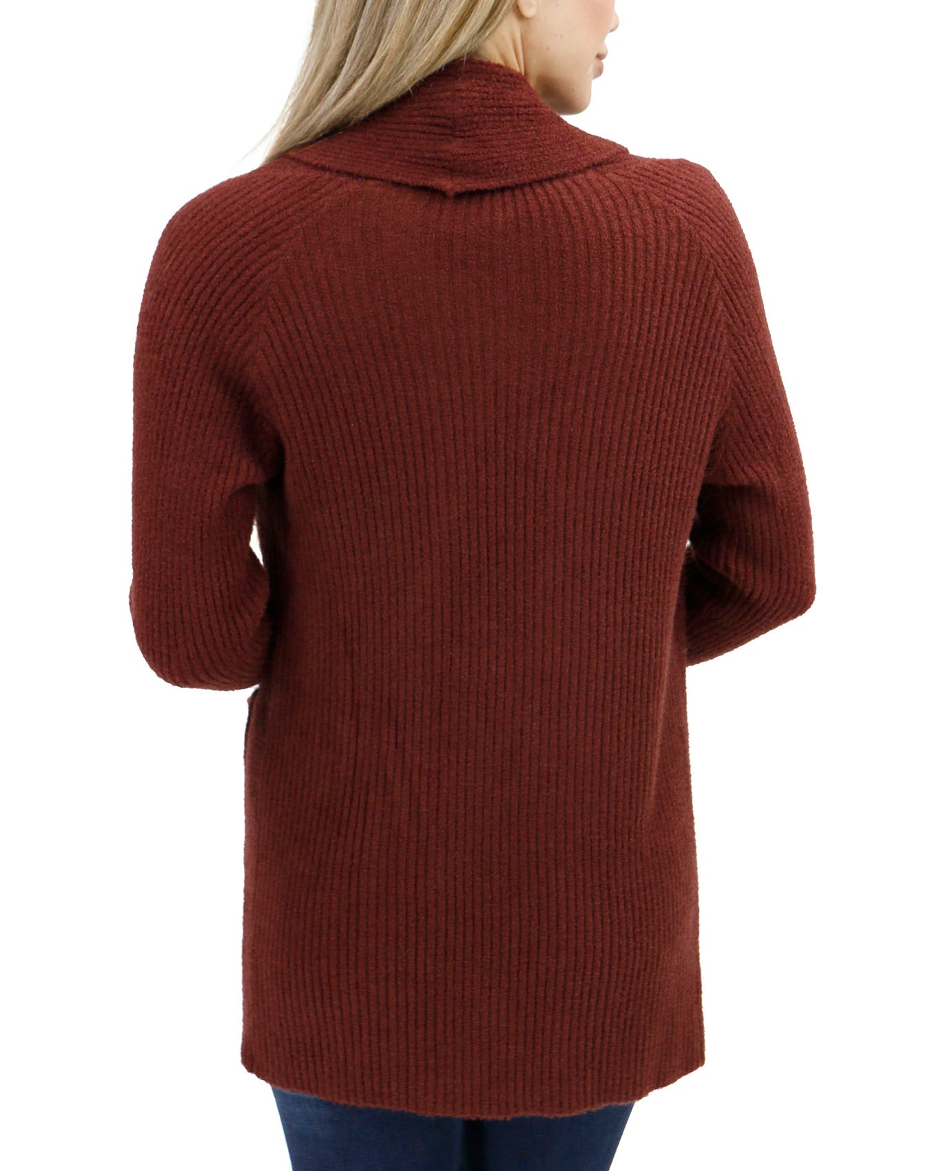 back view stock shot of cherry walnut bambu cowl neck cardigan