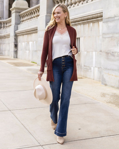 full body view of cherry walnut bambu cowl neck cardigan