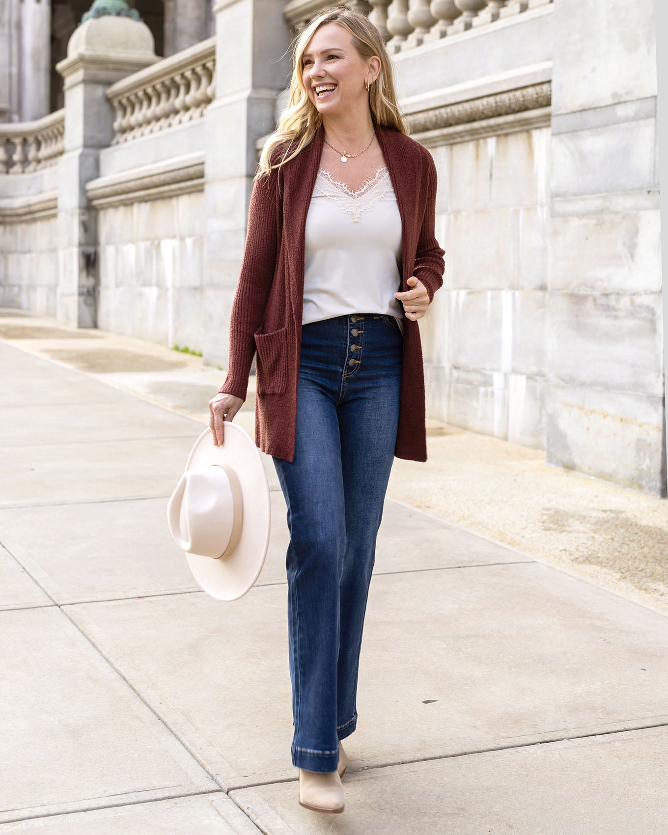 styled view of cherry walnut bambu cowl neck cardigan