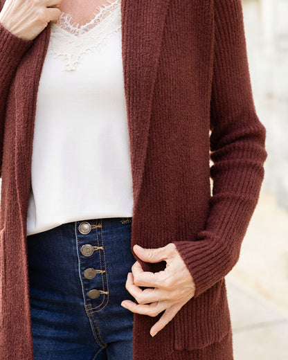 detail view of cherry walnut bambu cowl neck cardigan