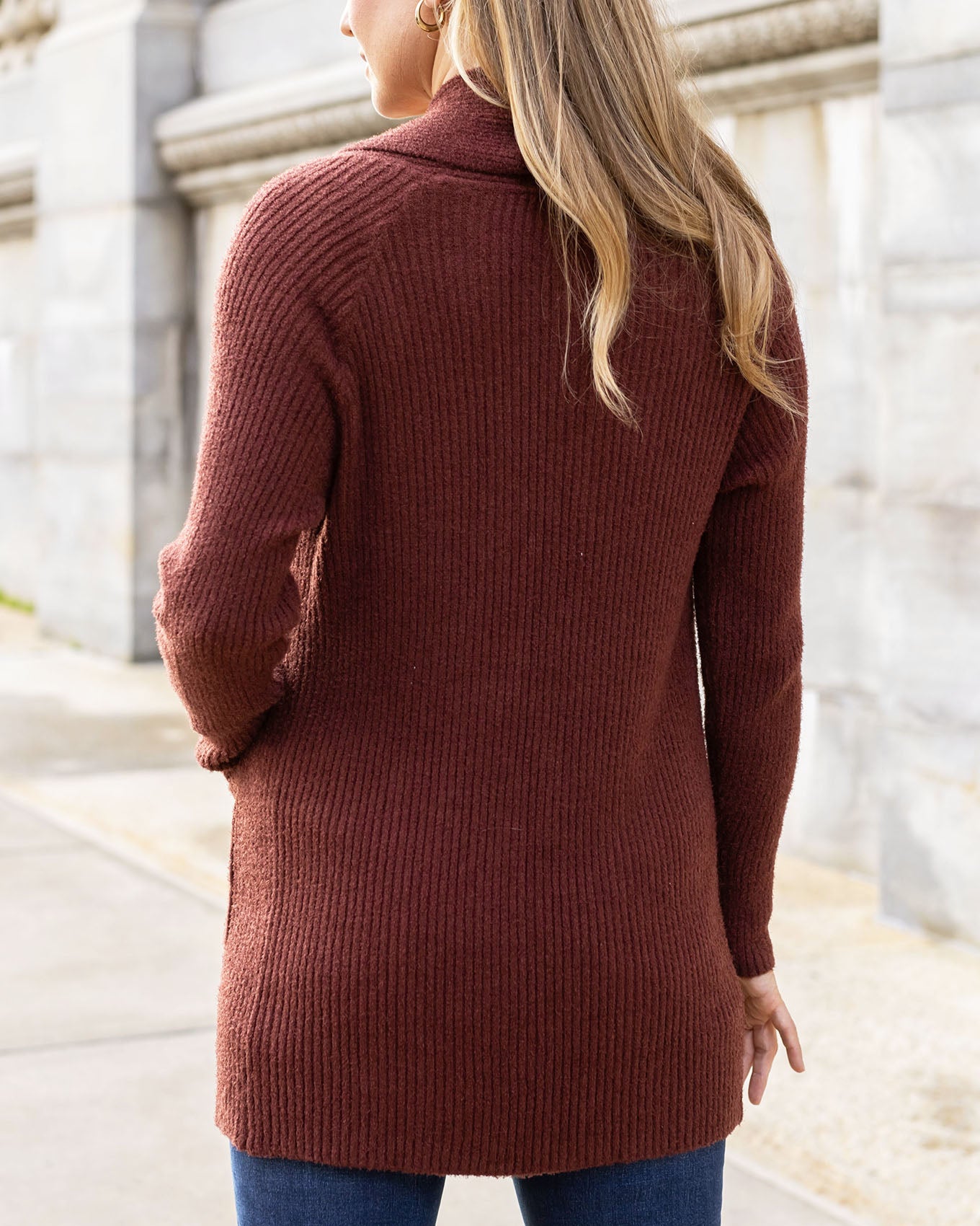 back view of cherry walnut bambu cowl neck cardigan