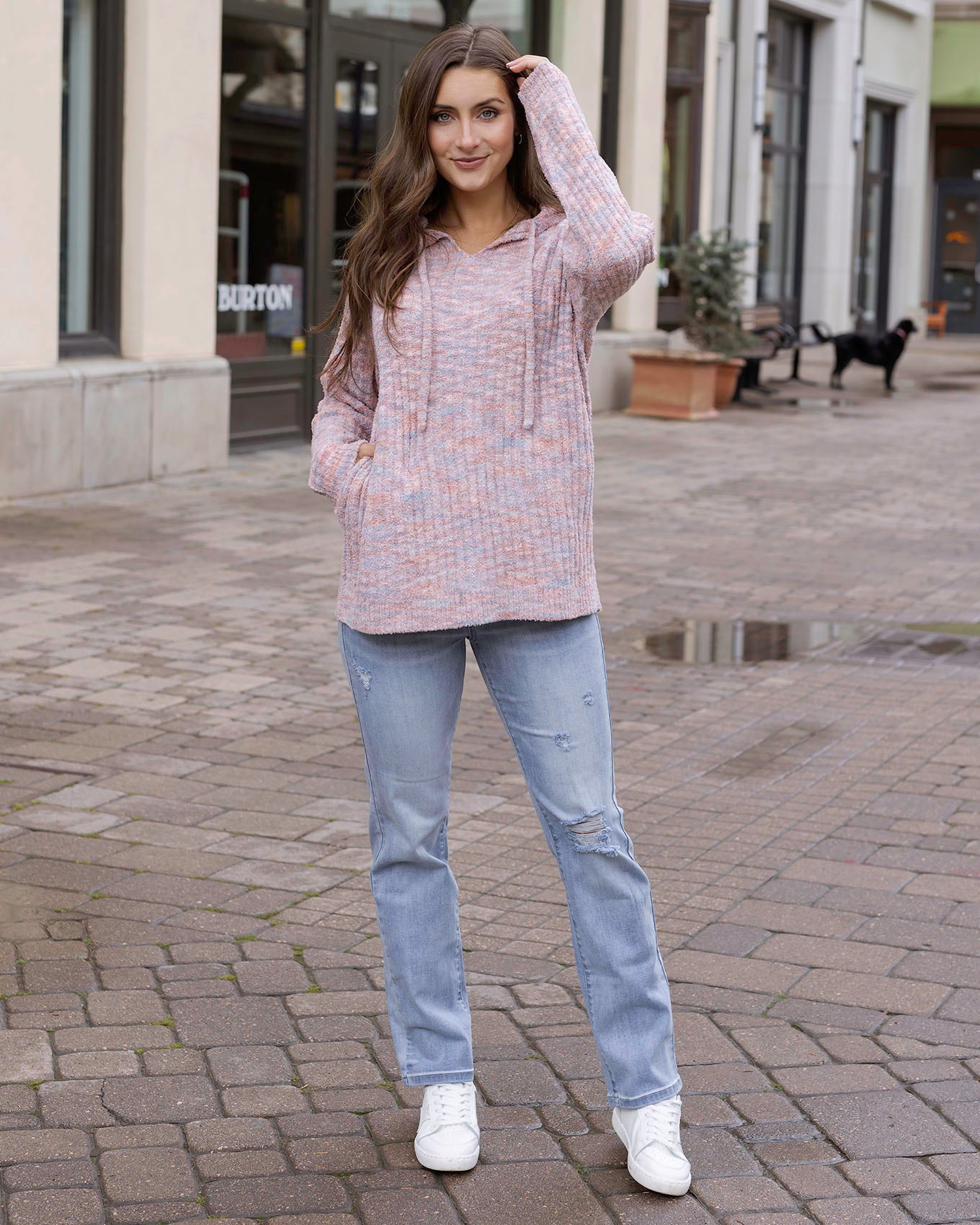 Full outfit view of  Blush Melange Cloud Ribbed Hoodie