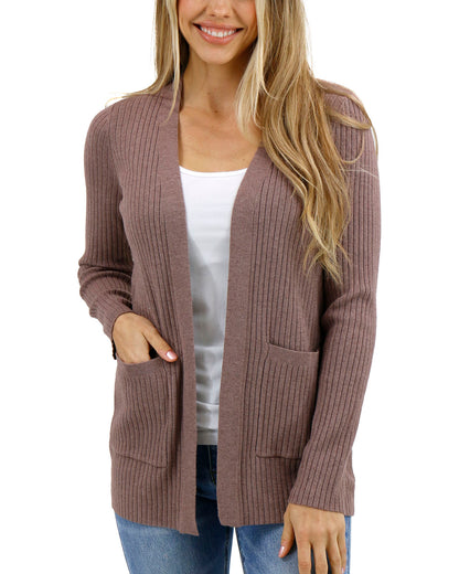 Front stock shot of Latte Ribbed Knit Cardigan