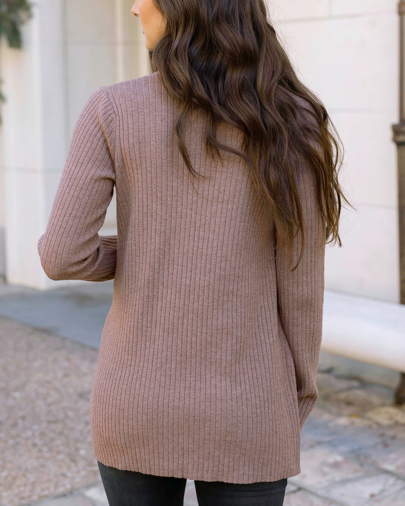 Back view of Latte Ribbed Knit Cardigan