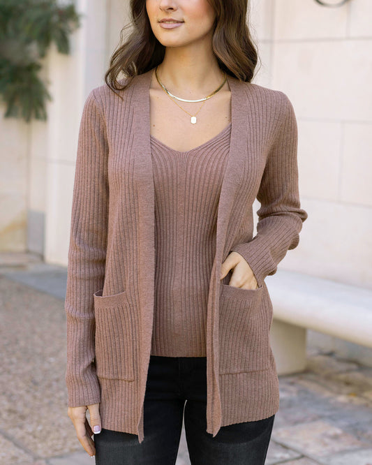 Front view of Latte Ribbed Knit Cardigan
