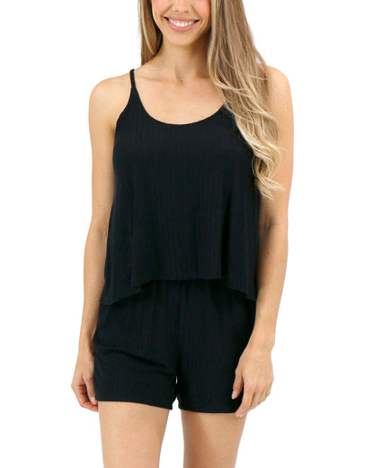 front view stock shot of black ribbed tiered romper