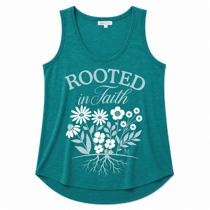 Teal scoop neck tank top featuring a "Rooted in Faith" floral graphic with a botanical root design on a white background