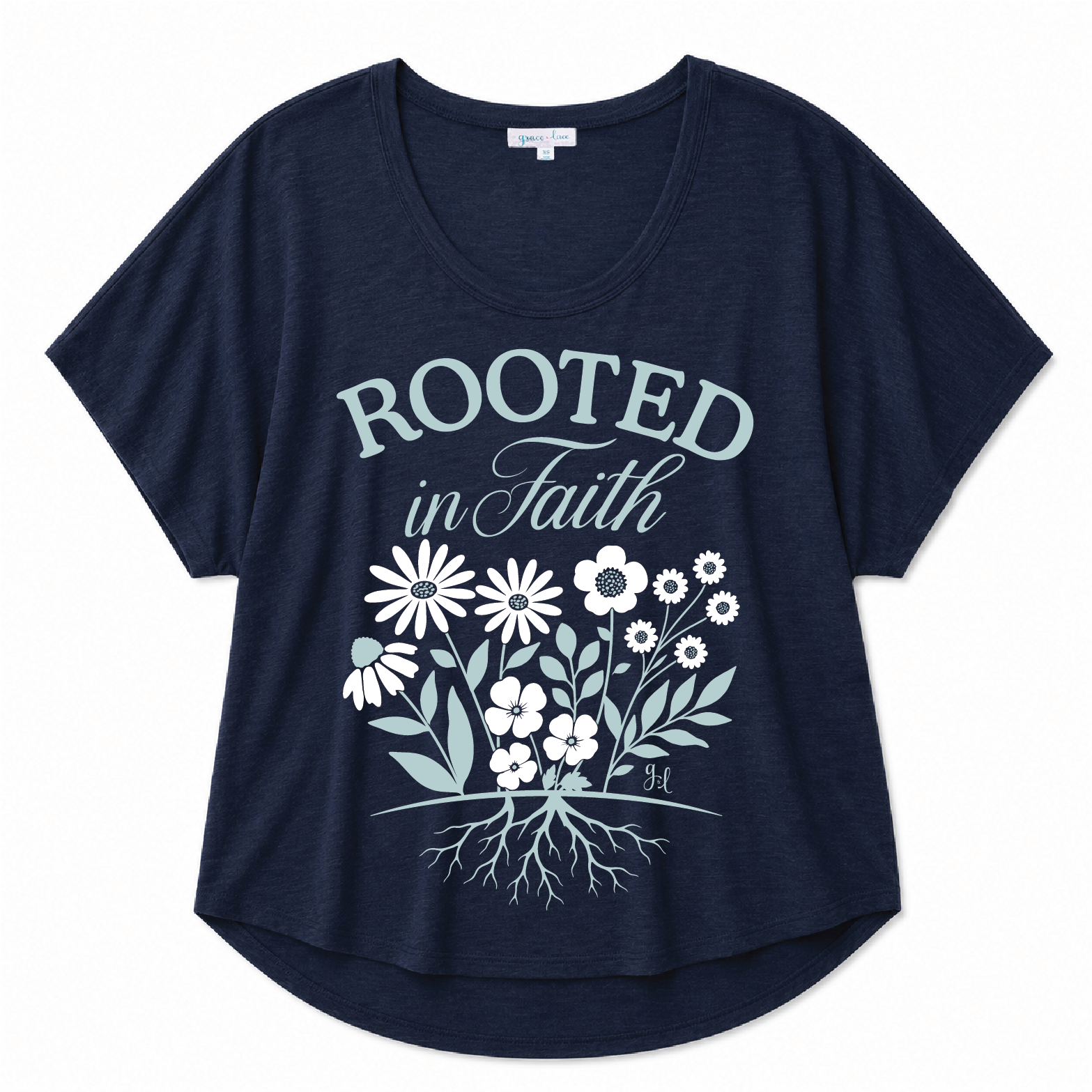 Navy blue scoop neck tee featuring a "Rooted in Faith" floral graphic with a botanical root design on a white background