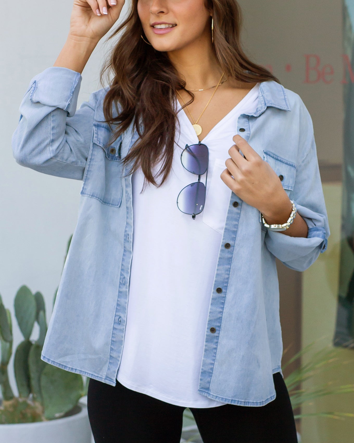 Stretch Chambray Button Top in Light-Wash - Grace and Lace