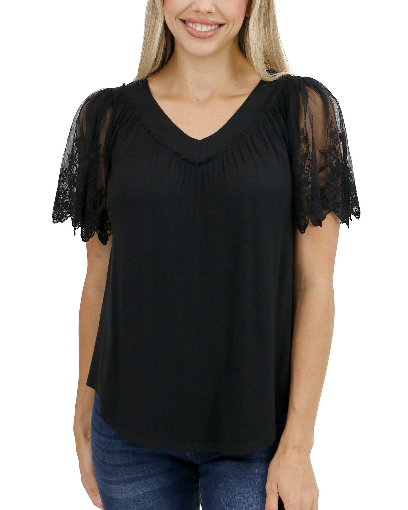 front view stock shot of black sable lace sleeve top