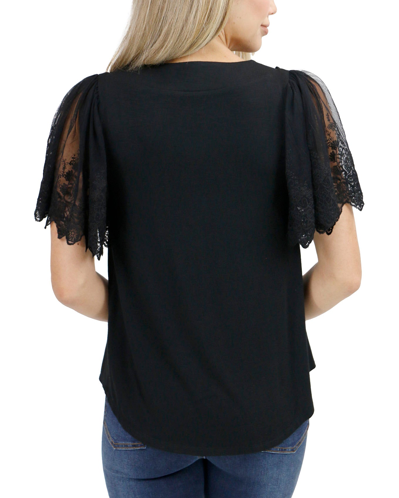back view stock shot of black sable lace sleeve top