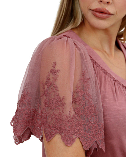 side view of rose dawn sable lace sleeve top