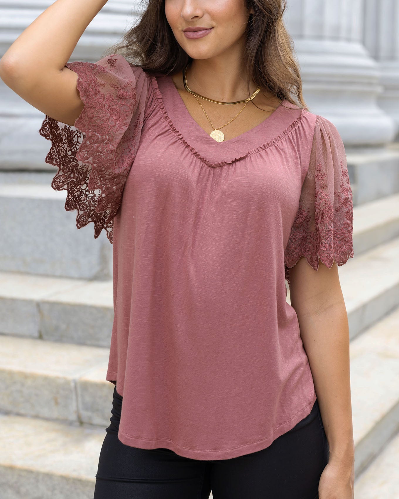 front view of rose dawn sable lace sleeve top