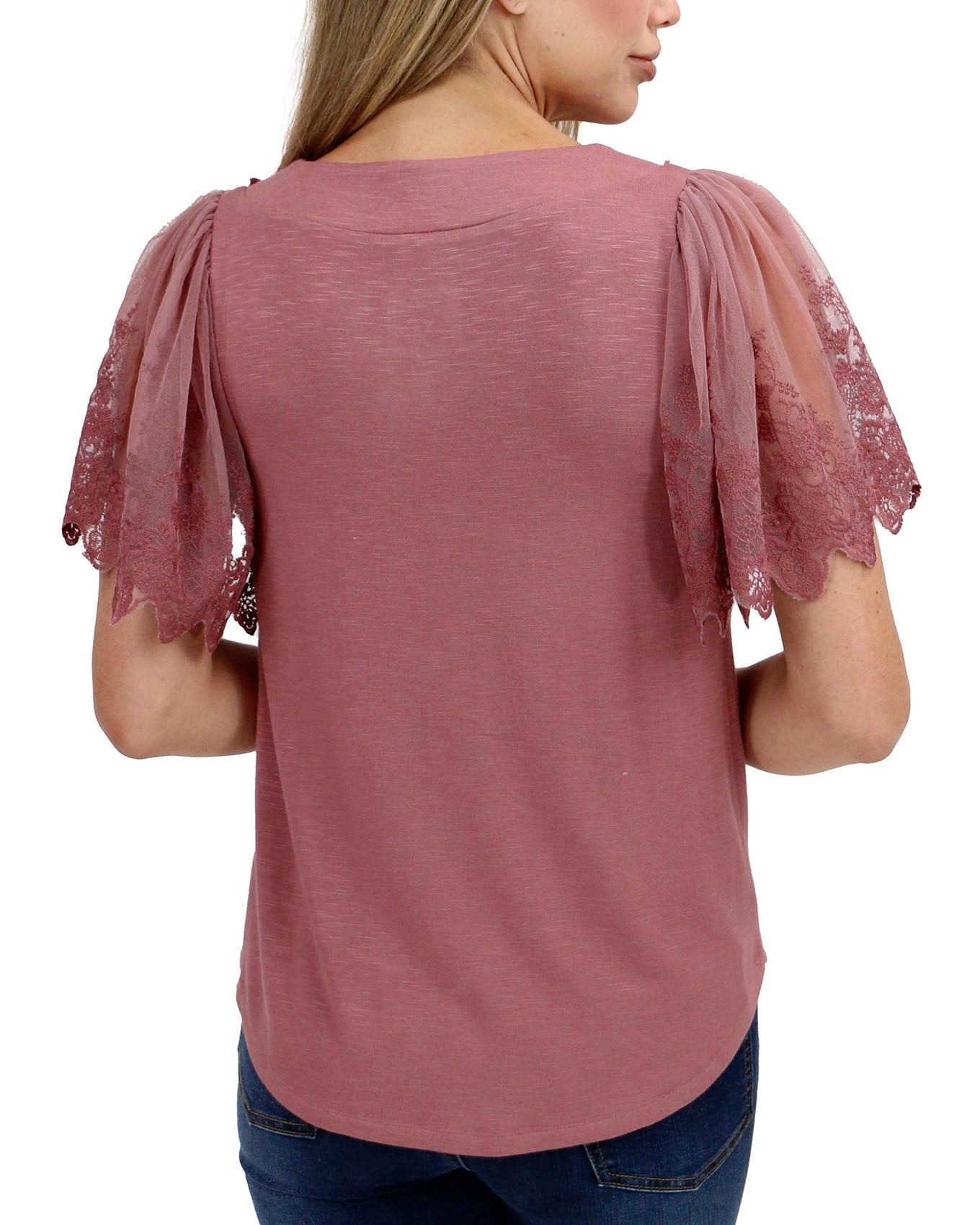back view stock shot of rose dawn sable lace sleeve top
