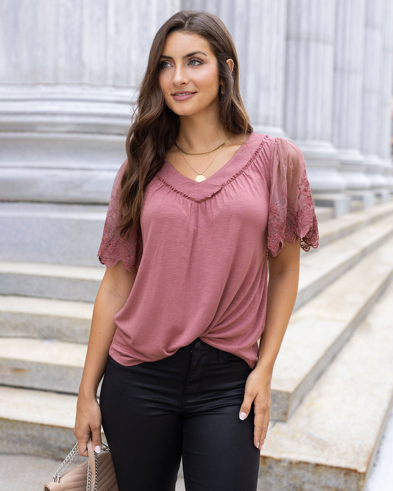 close up view of rose dawn sable lace sleeve top