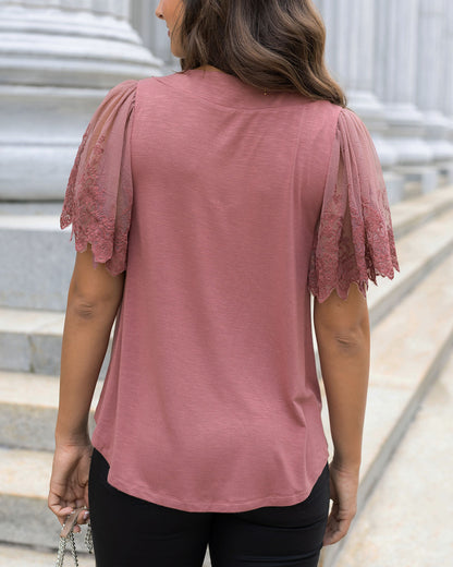 back view of rose dawn sable lace sleeve top
