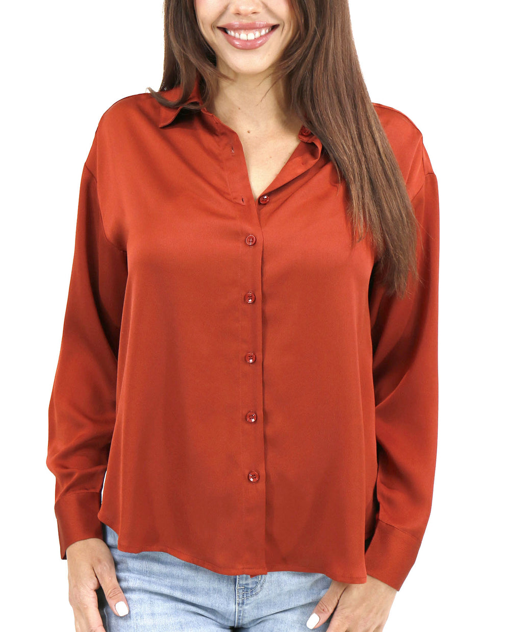 Rusty Color Top Satin Rust Button Down Top - Rust / XS - Grace and Lace