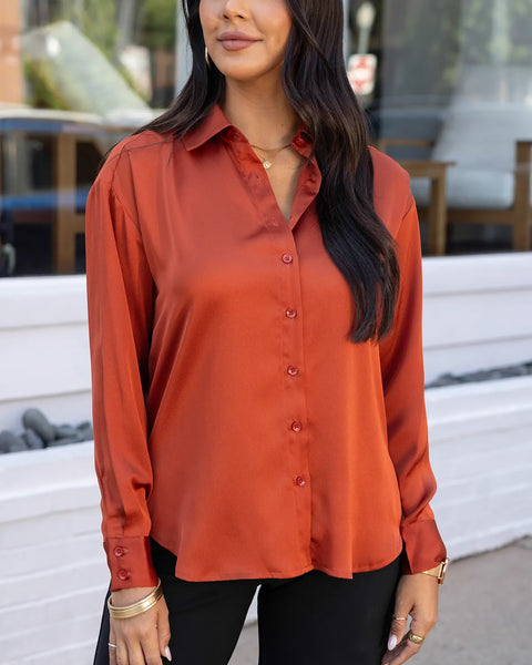 DEAL: Satin Rust Button Down Top Rust / S
