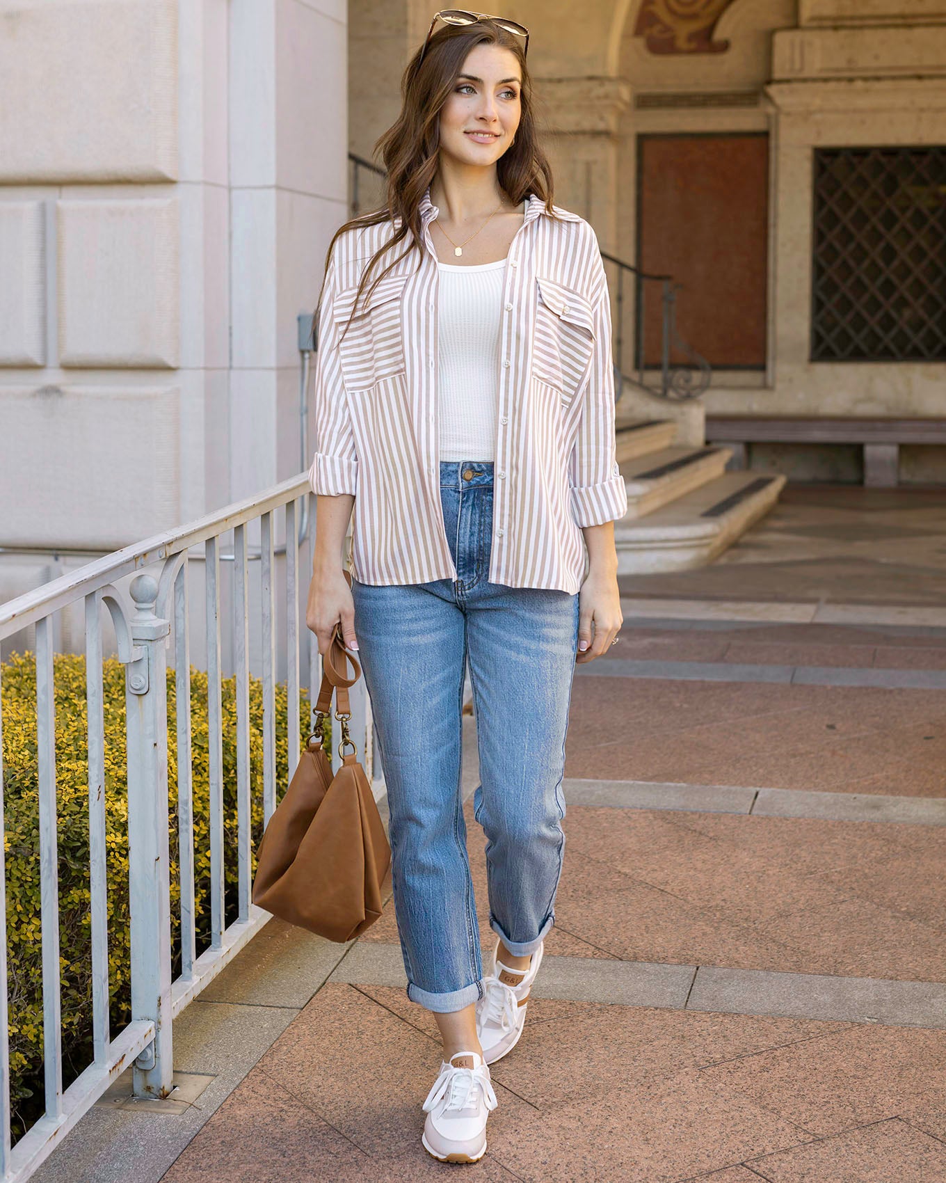 Full styled view of Tan/Ivory Seaside Striped Button Down Shirt