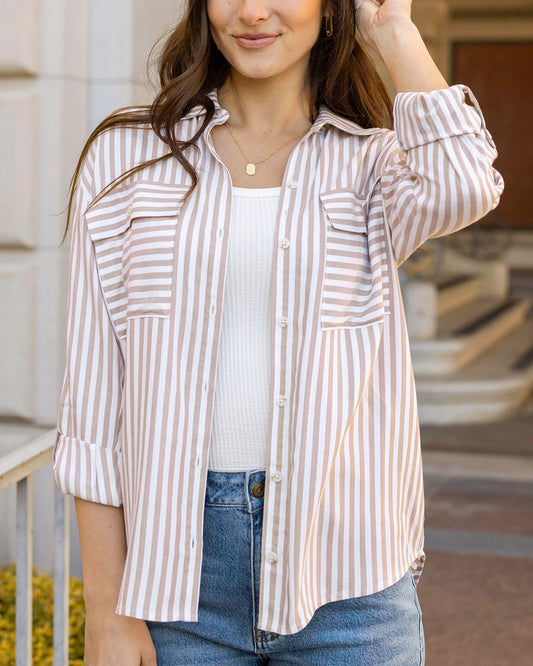 Front view of Tan/Ivory Seaside Striped Button Down Shirt