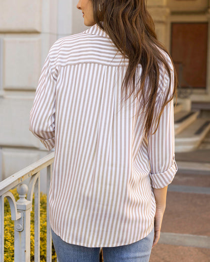 Back view of Tan/Ivory Seaside Striped Button Down Shirt