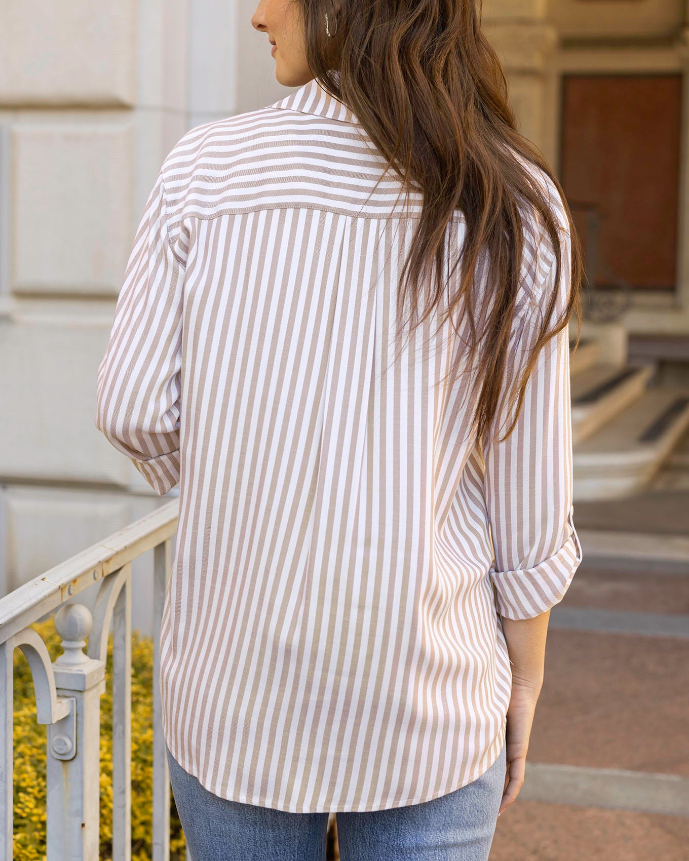 Back view of Tan/Ivory Seaside Striped Button Down Shirt