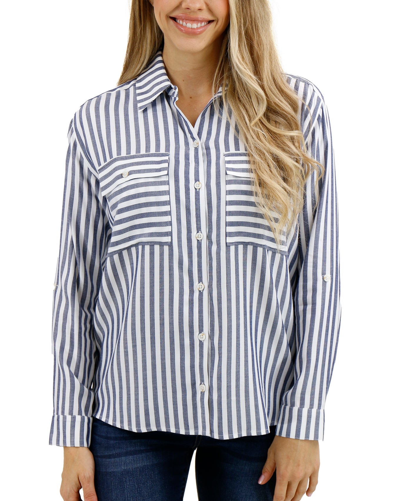 Front stock shot of Blue/Ivory Seaside Striped Button Down Shirt