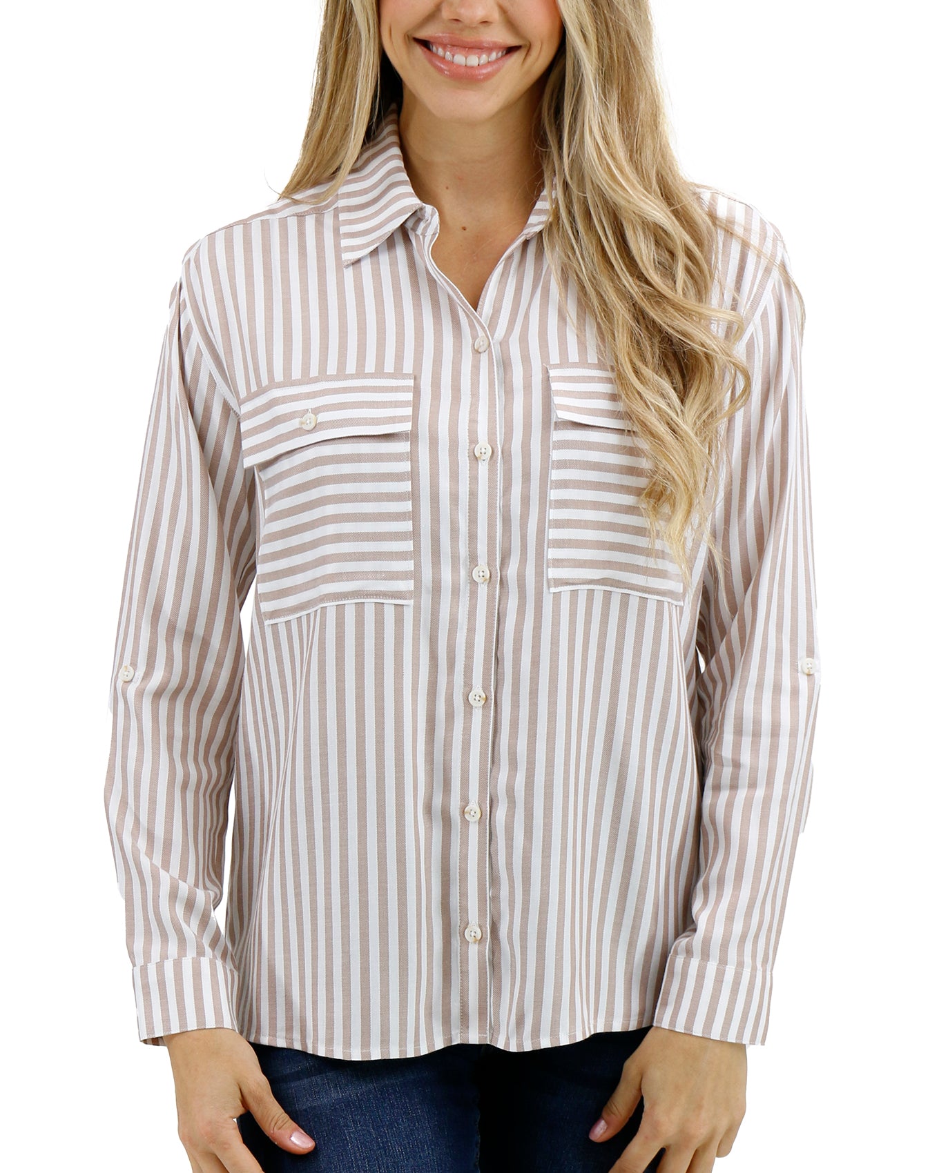 Front stock shot of Tan/Ivory Seaside Striped Button Down Shirt