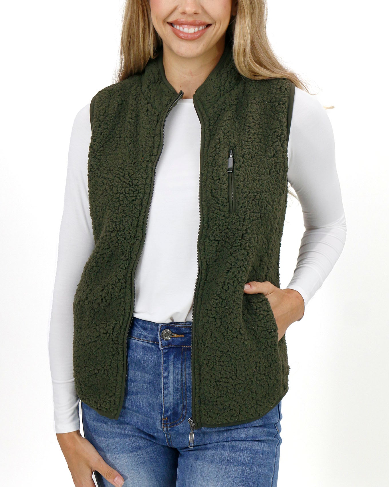 front view unzipped stock shot of olive sherpa vest