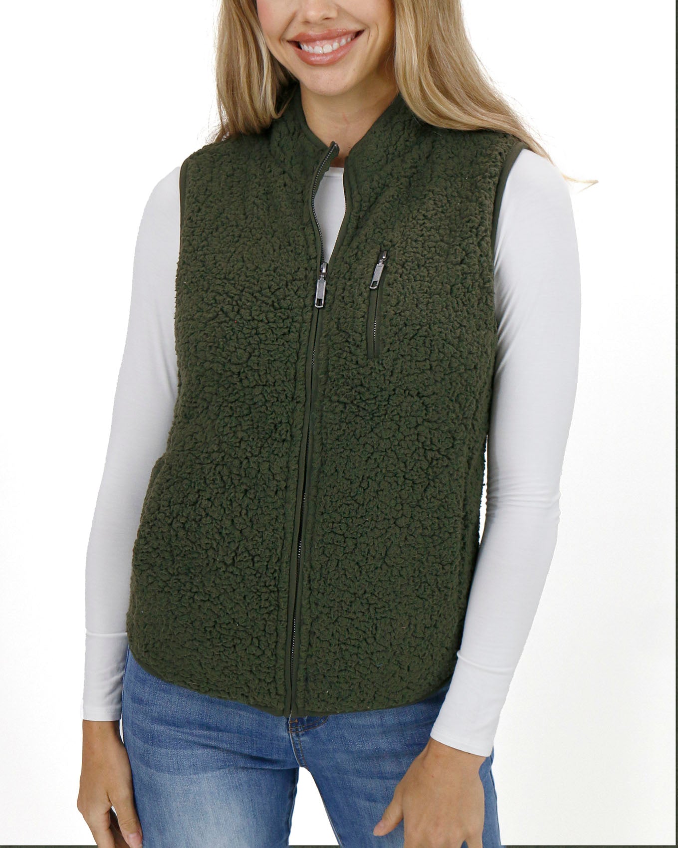 front view zipped stock shot of olive sherpa vest