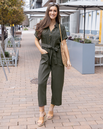 Utility Jumpsuit With Army Green Jumpsuit Outfit Short Sleeve