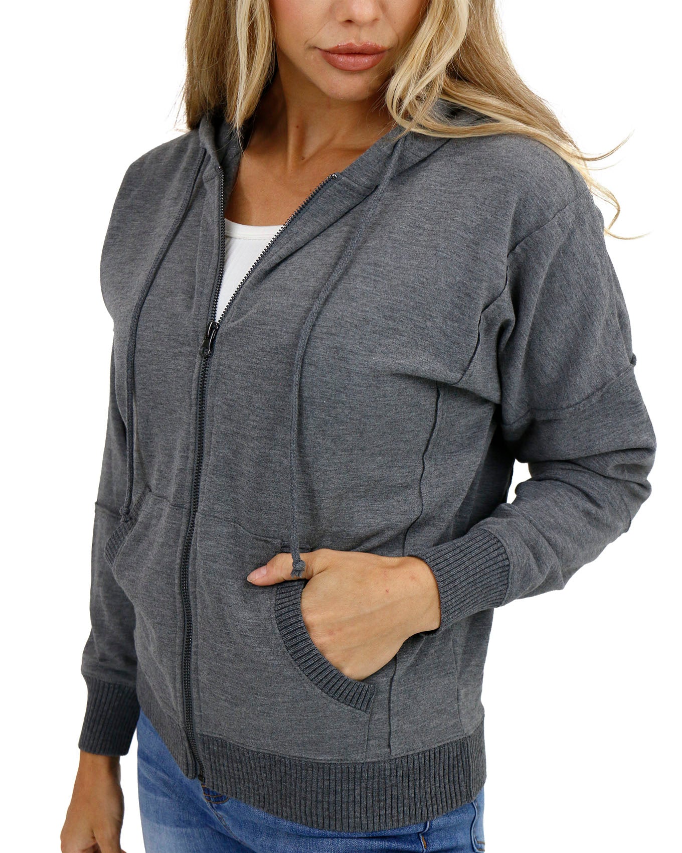 side view of heathered grey zip up hoodie