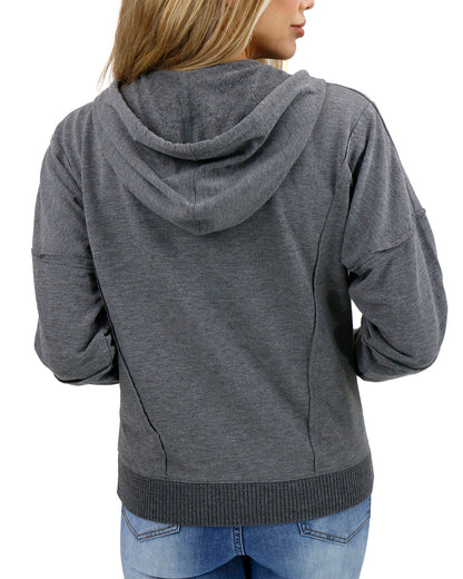 back view of heathered grey zip up hoodie