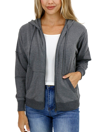 front view unzipped of heathered grey zip up hoodie
