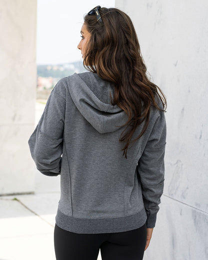 back view of heathered grey zip up hoodie