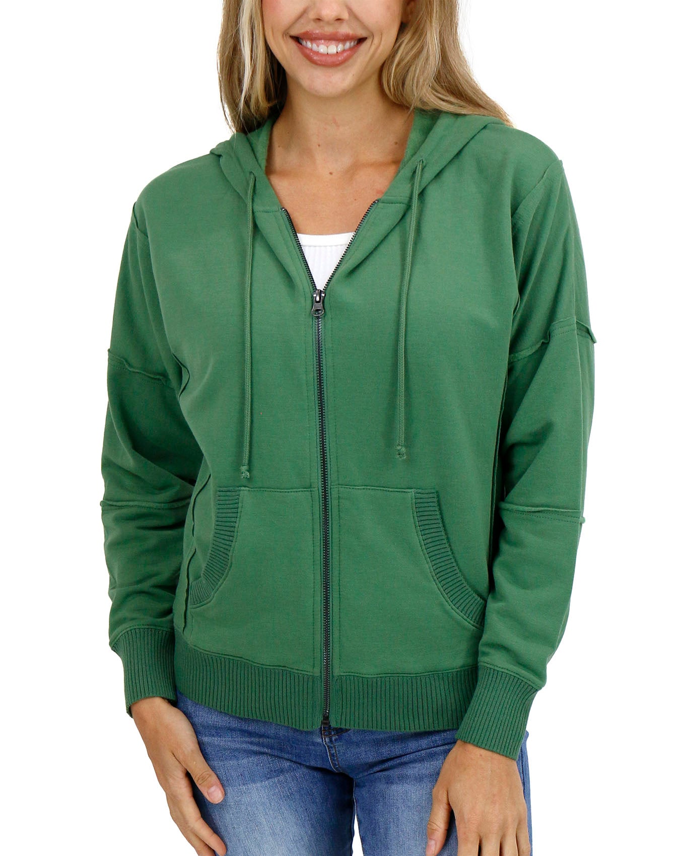 front view stock shot of hedge green zip up hoodie