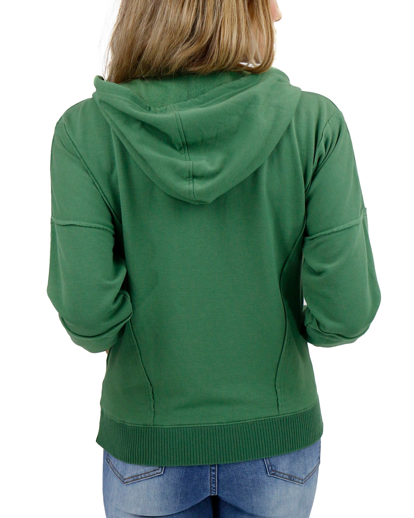 back view stock shot of hedge green zip up hoodie