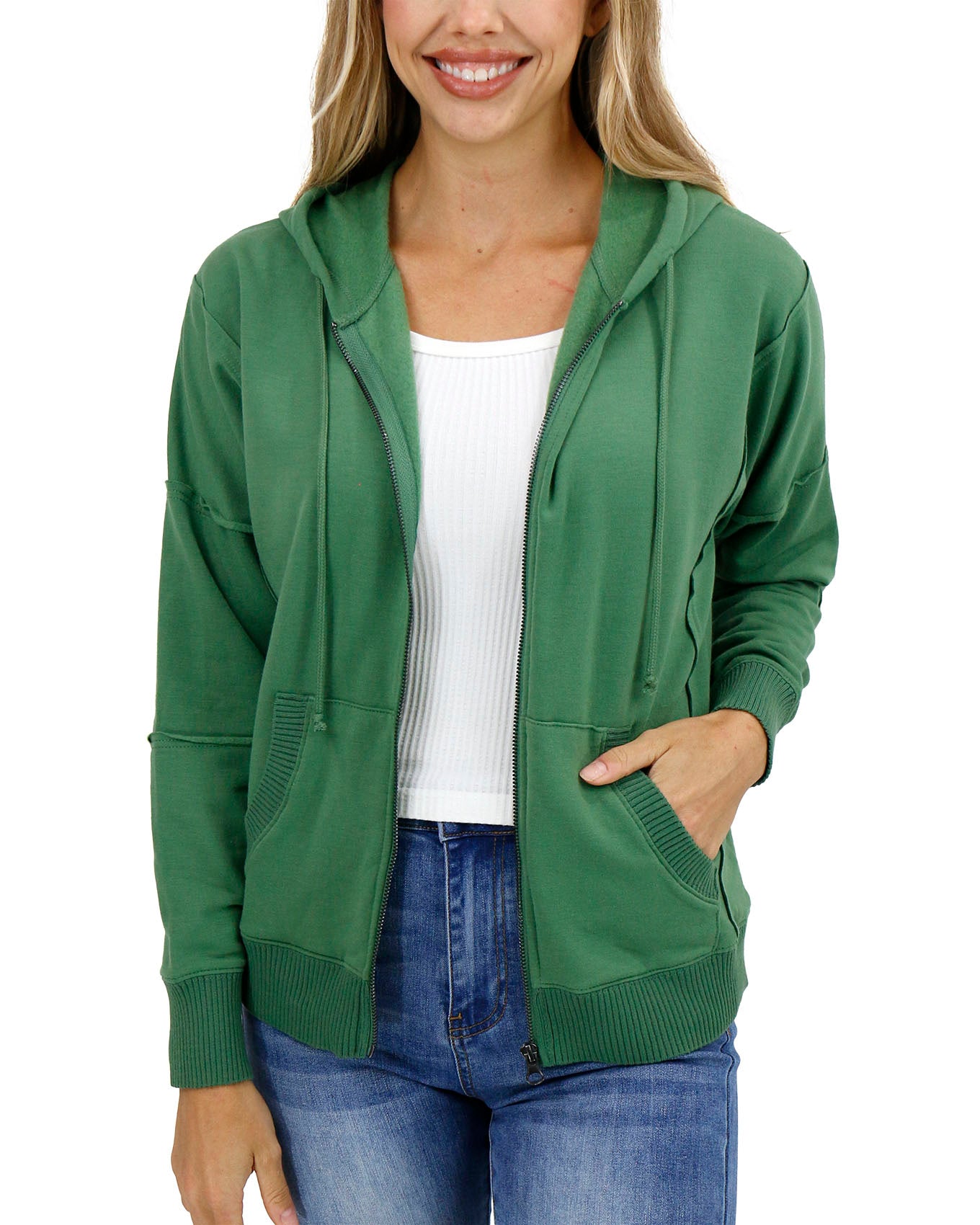 front view unzipped stock shot of hedge green zip up hoodie