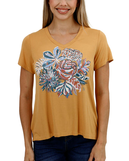 front view stock shot of sketched floral graphic tee in mustard floral