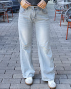 Slouchy Soft Wide Leg Jeans in Distressed Light-Wash
