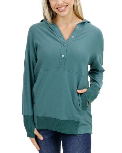 front view stock shot of blue tunic hoodie