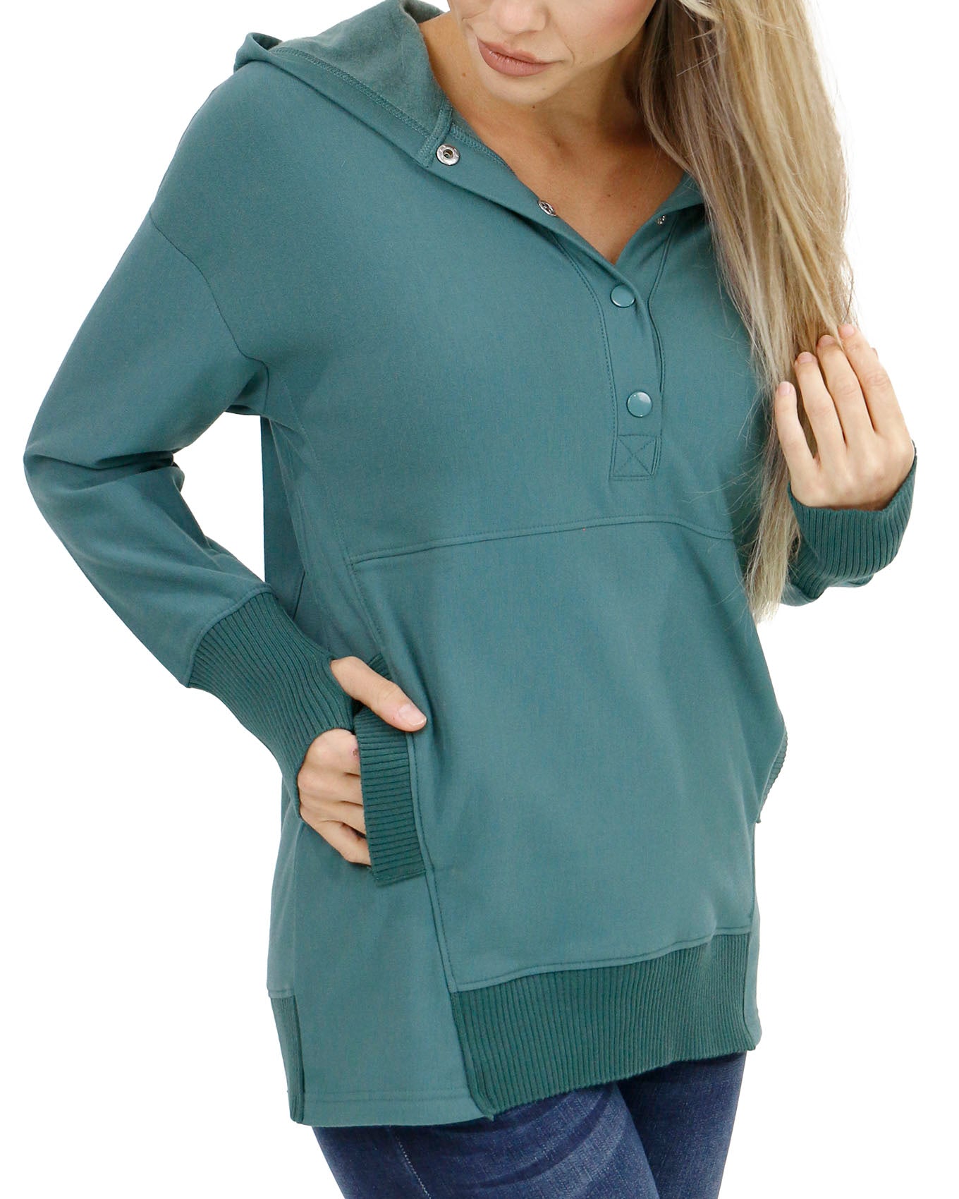 detail view of blue tunic hoodie
