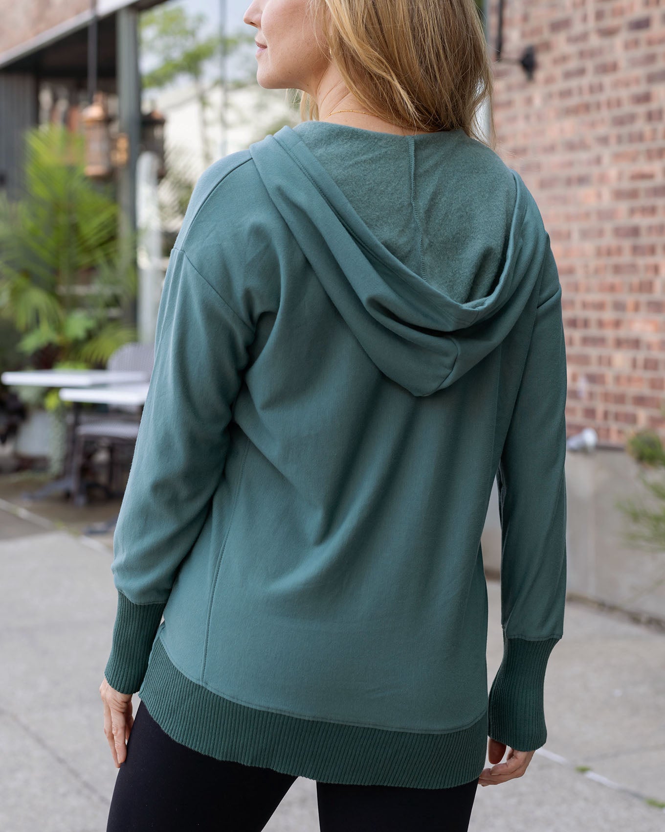 back view of blue tunic hoodie