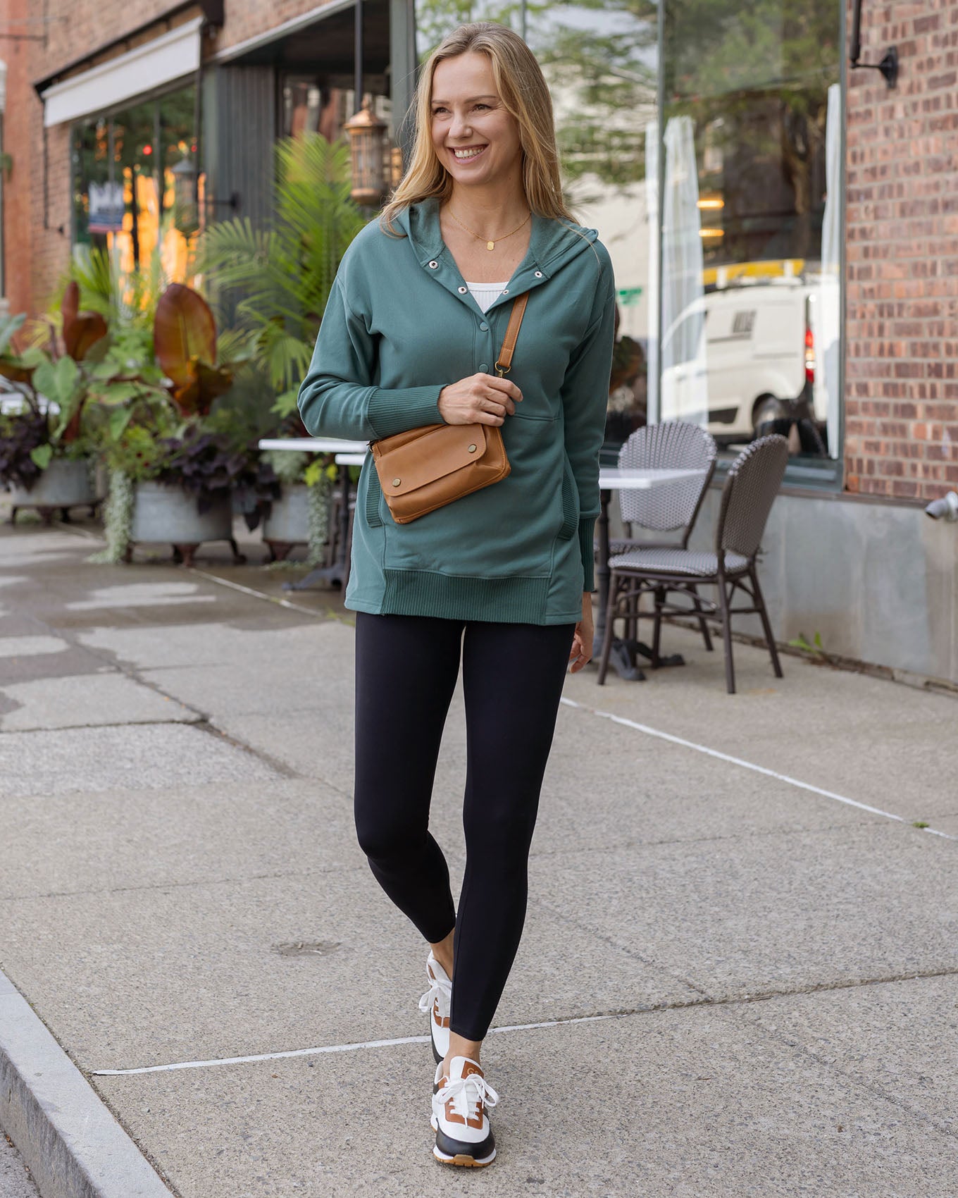 full body view of blue tunic hoodie