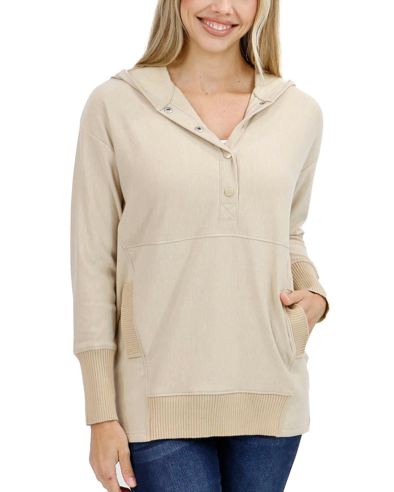 front view stock shot of beige tunic hoodie